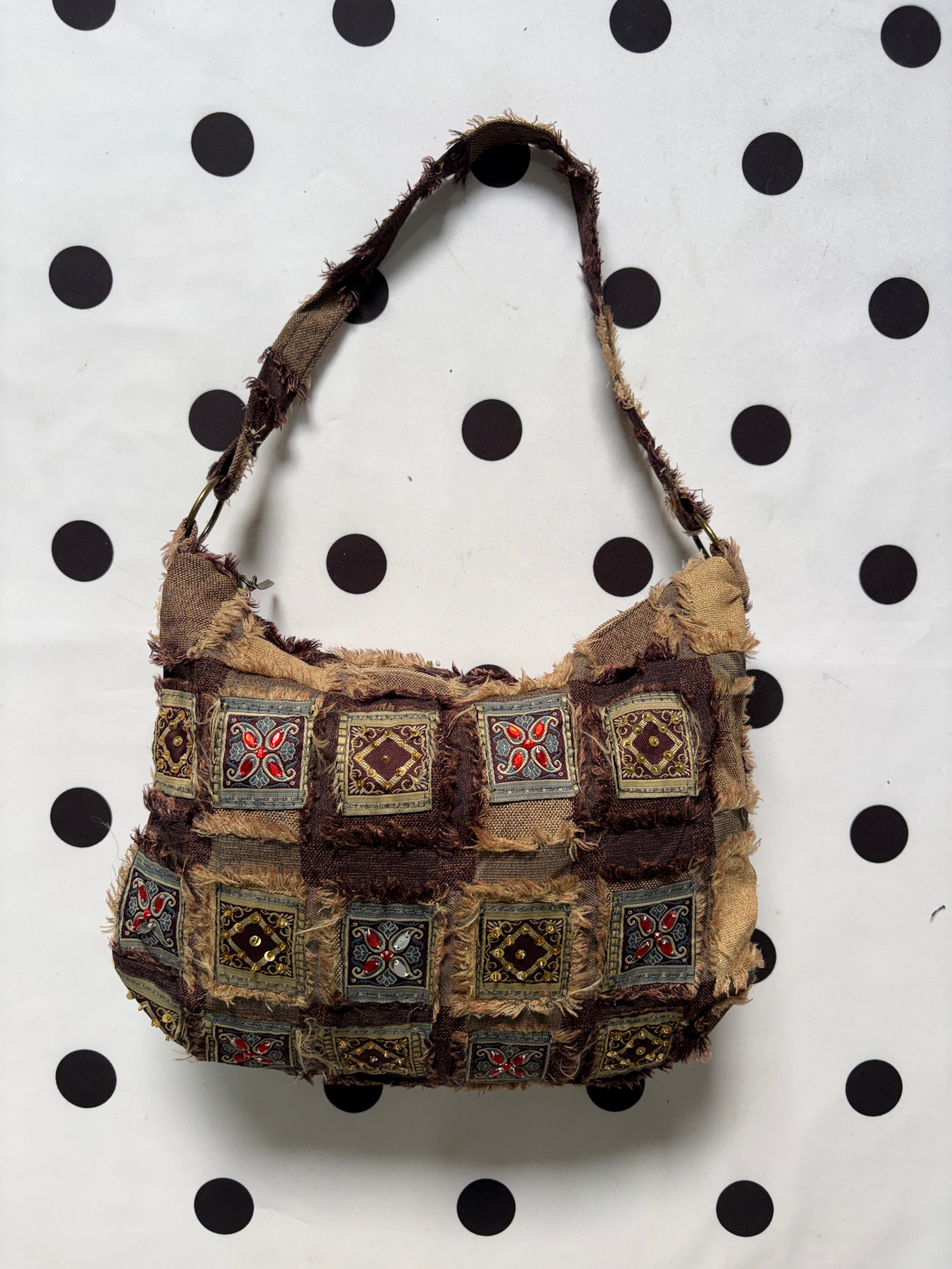 Brown patched Boho shoulder bag