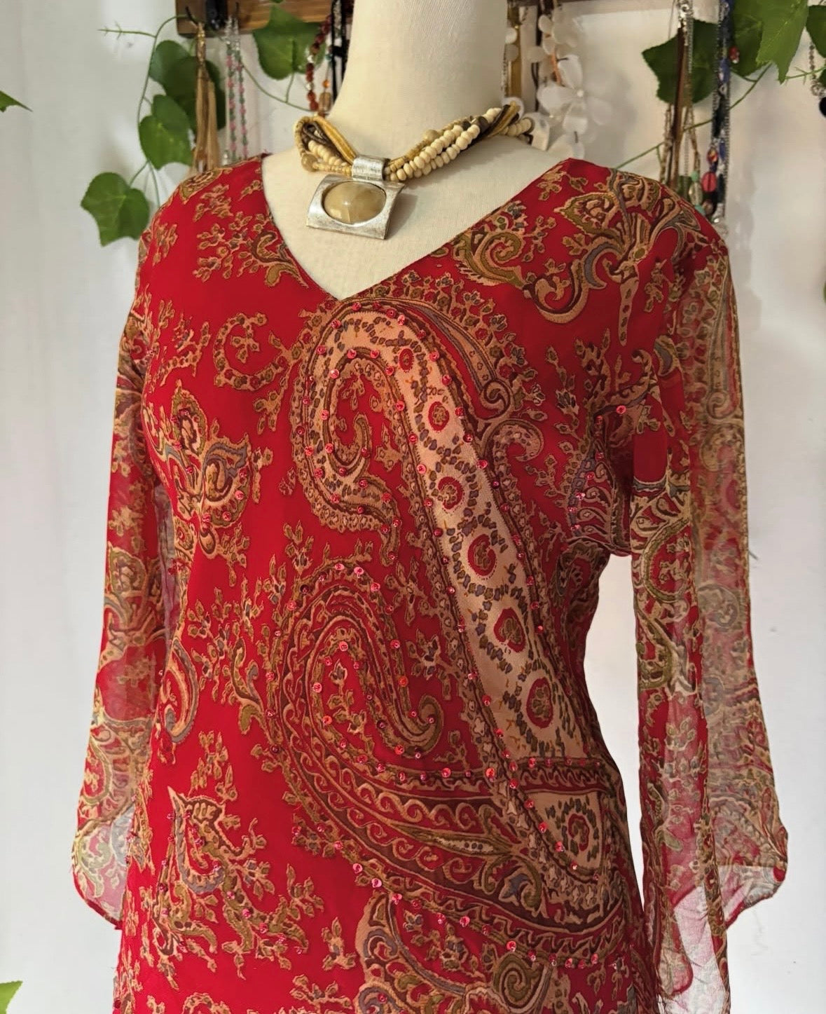 Red bohemian double layered mesh long blouse