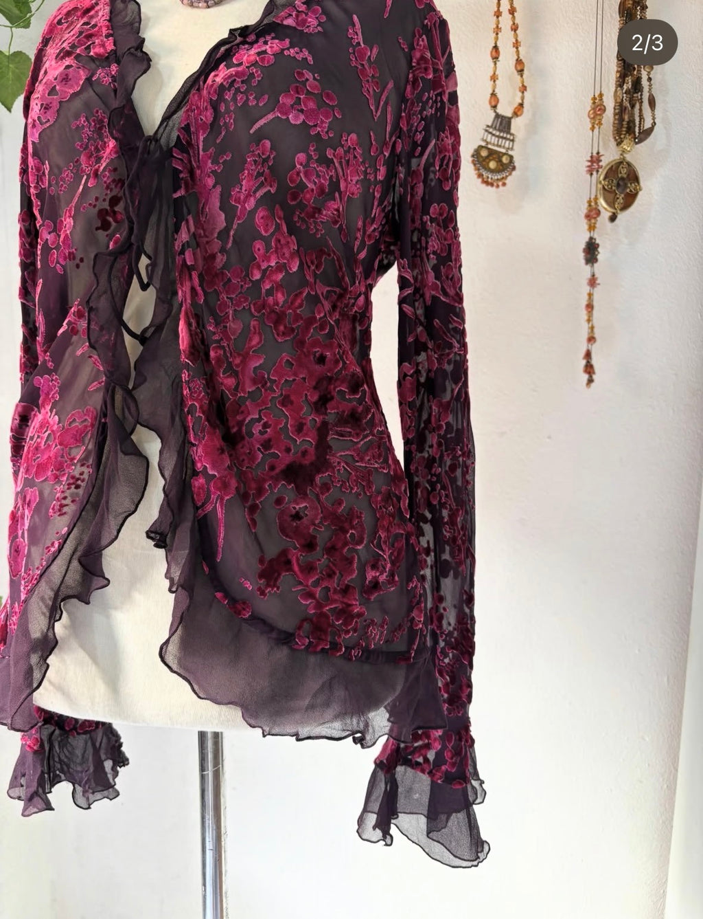 Whimsical velvet ruffled fuchsia cardigan