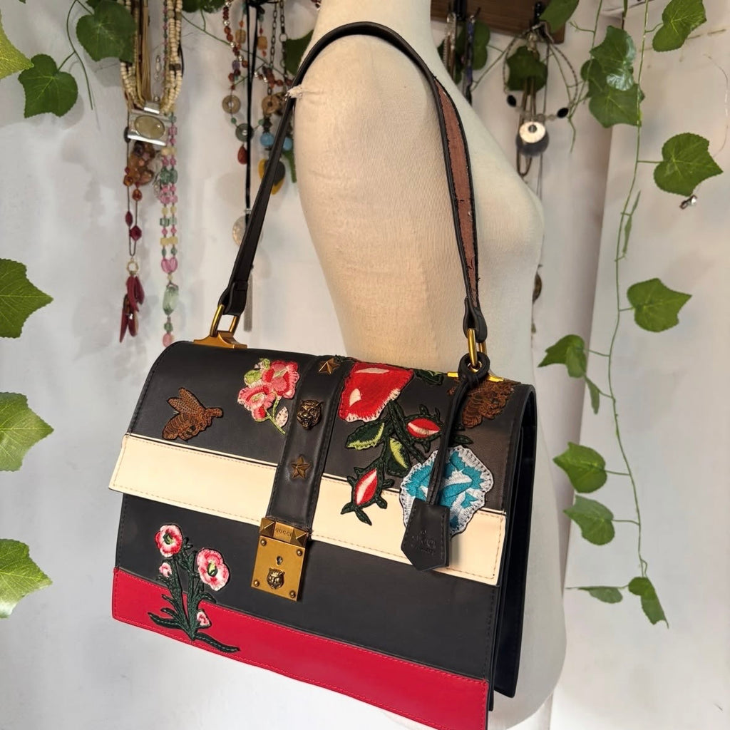 gucci calfskin embroidered shoulder bag rare gem