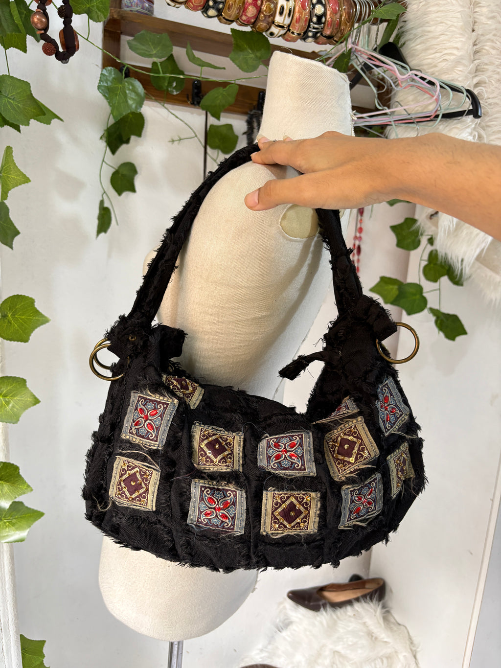 Black boho shoulder bag