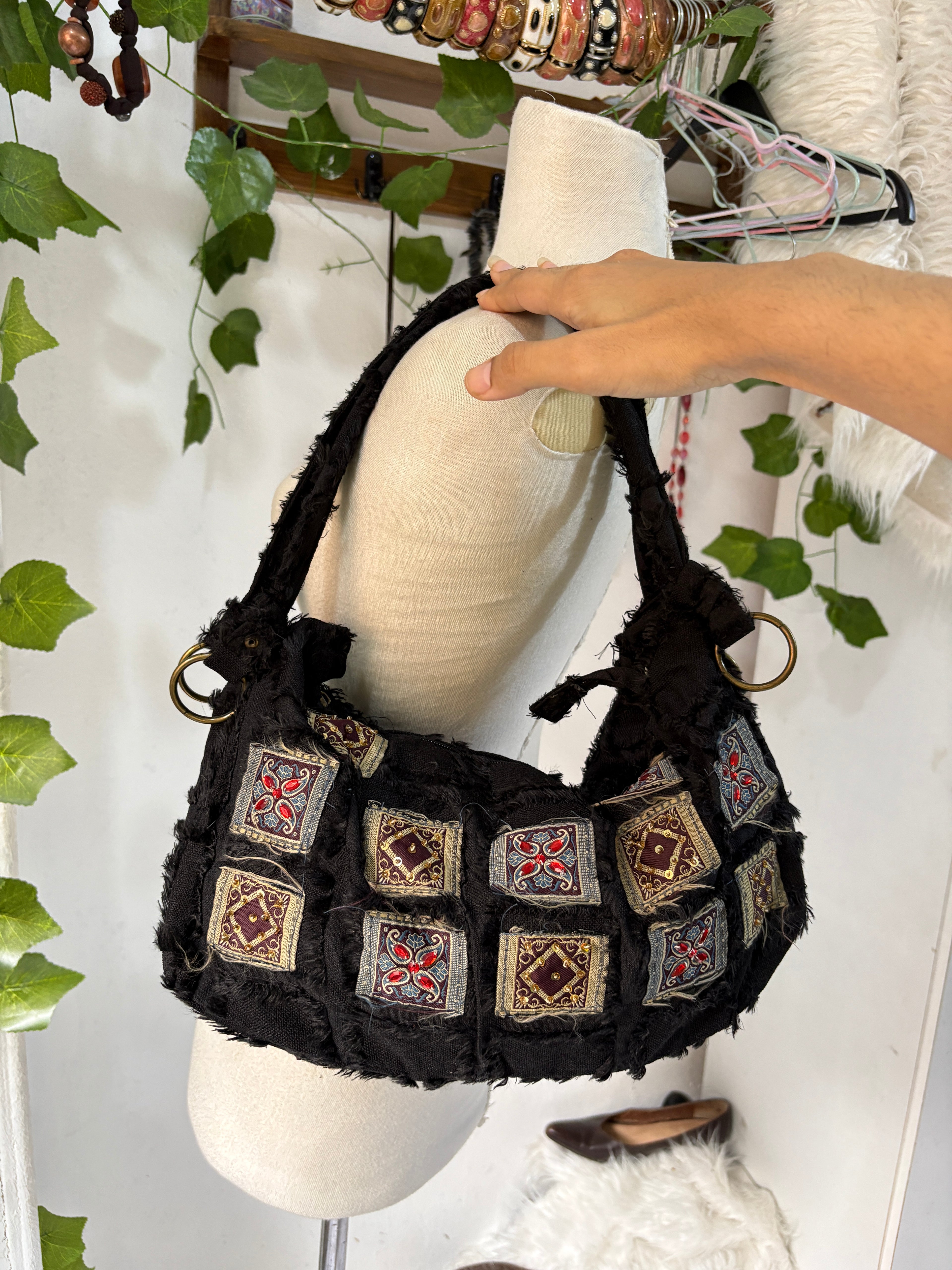 Black boho shoulder bag