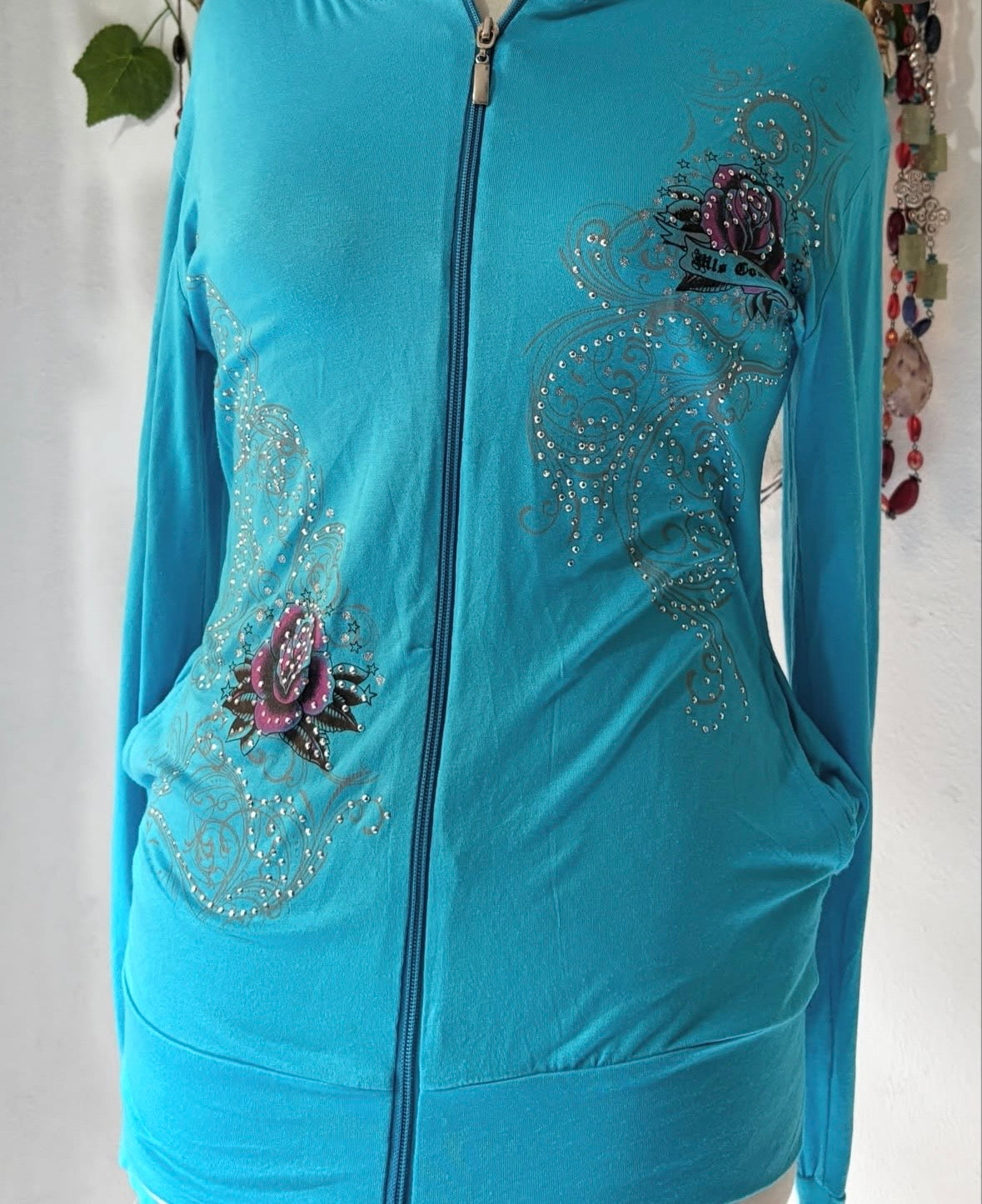 Y2k teal zippered fitted jacket in floral beaded print