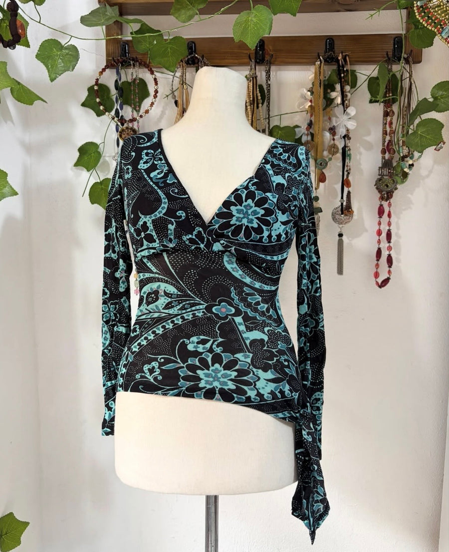 Insane whimsical fitted neon blue y2k printed top