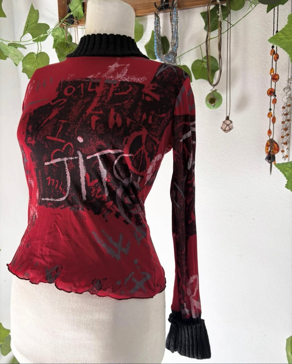 Gothic y2k graphic printed mesh top with corduroy trims