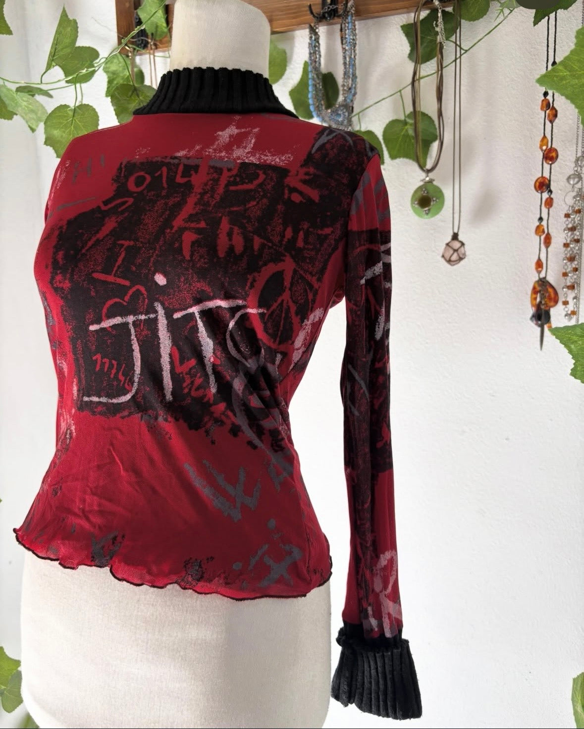 Gothic y2k graphic printed mesh top with corduroy trims