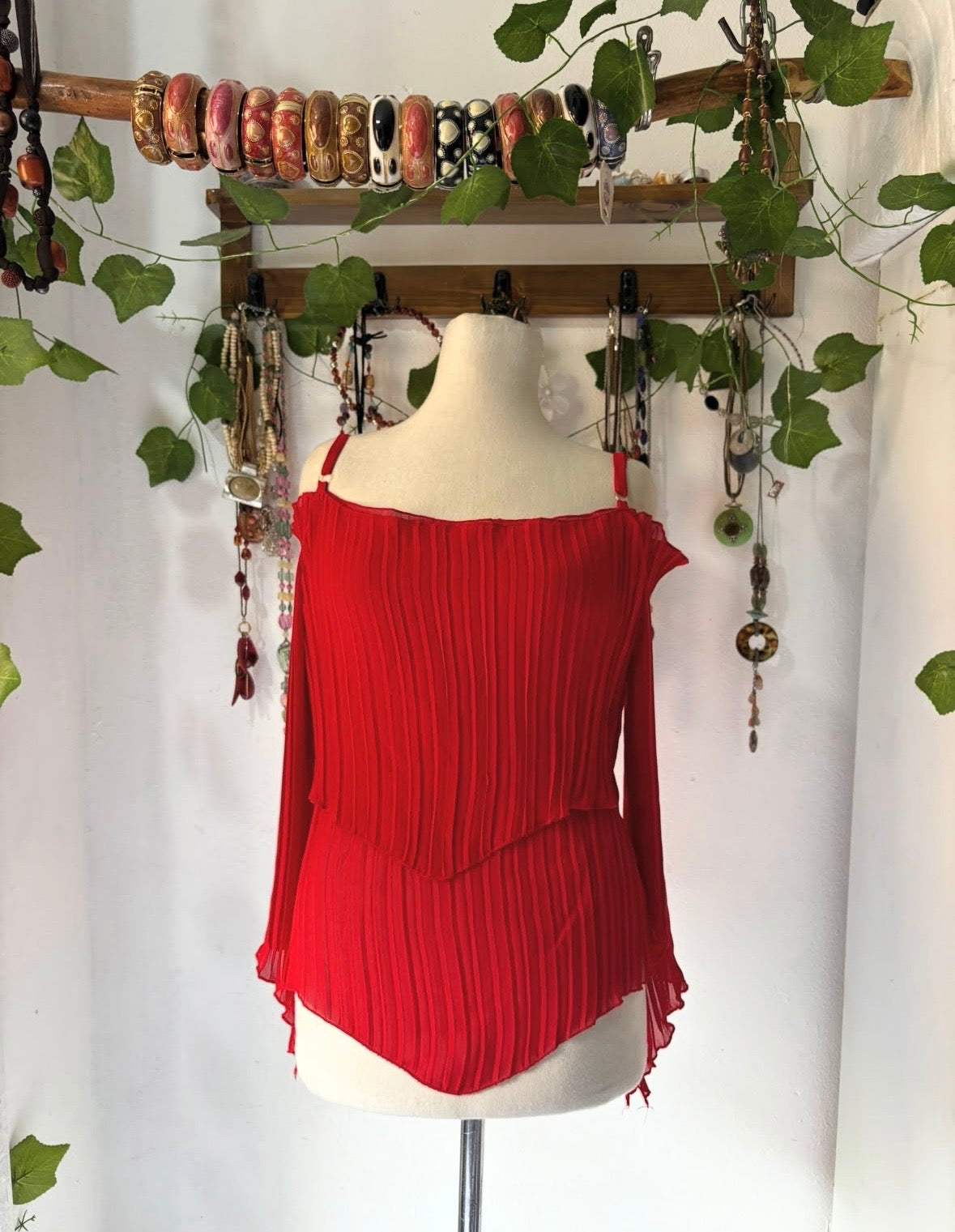 Red ruffled off shoulder chiffon blouse