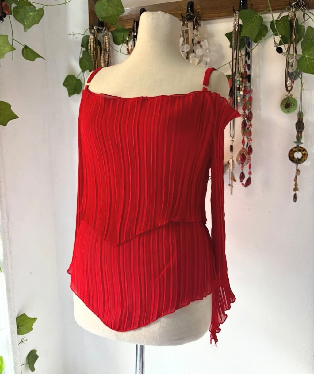 Red ruffled off shoulder chiffon blouse