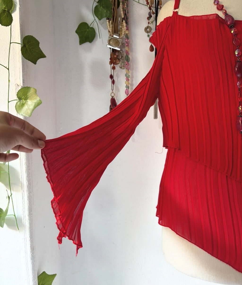 Red ruffled off shoulder chiffon blouse