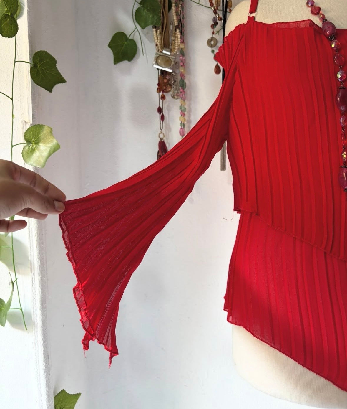 Red ruffled off shoulder chiffon blouse