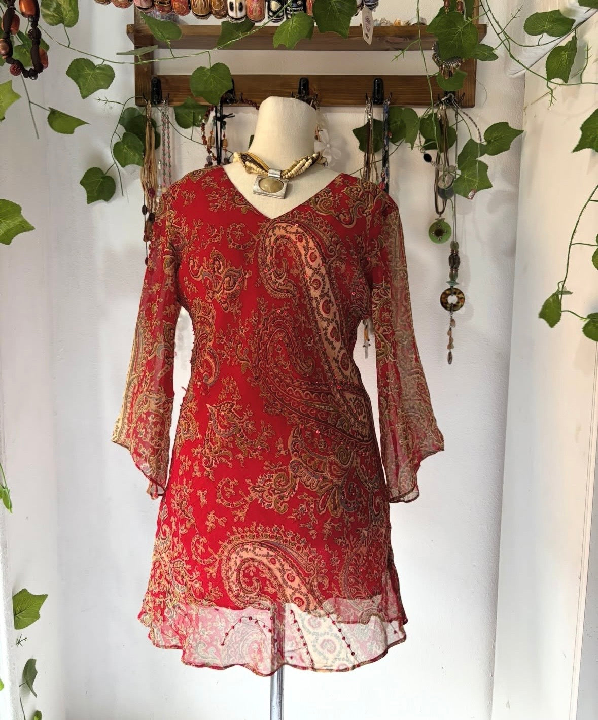 Red bohemian double layered mesh long blouse