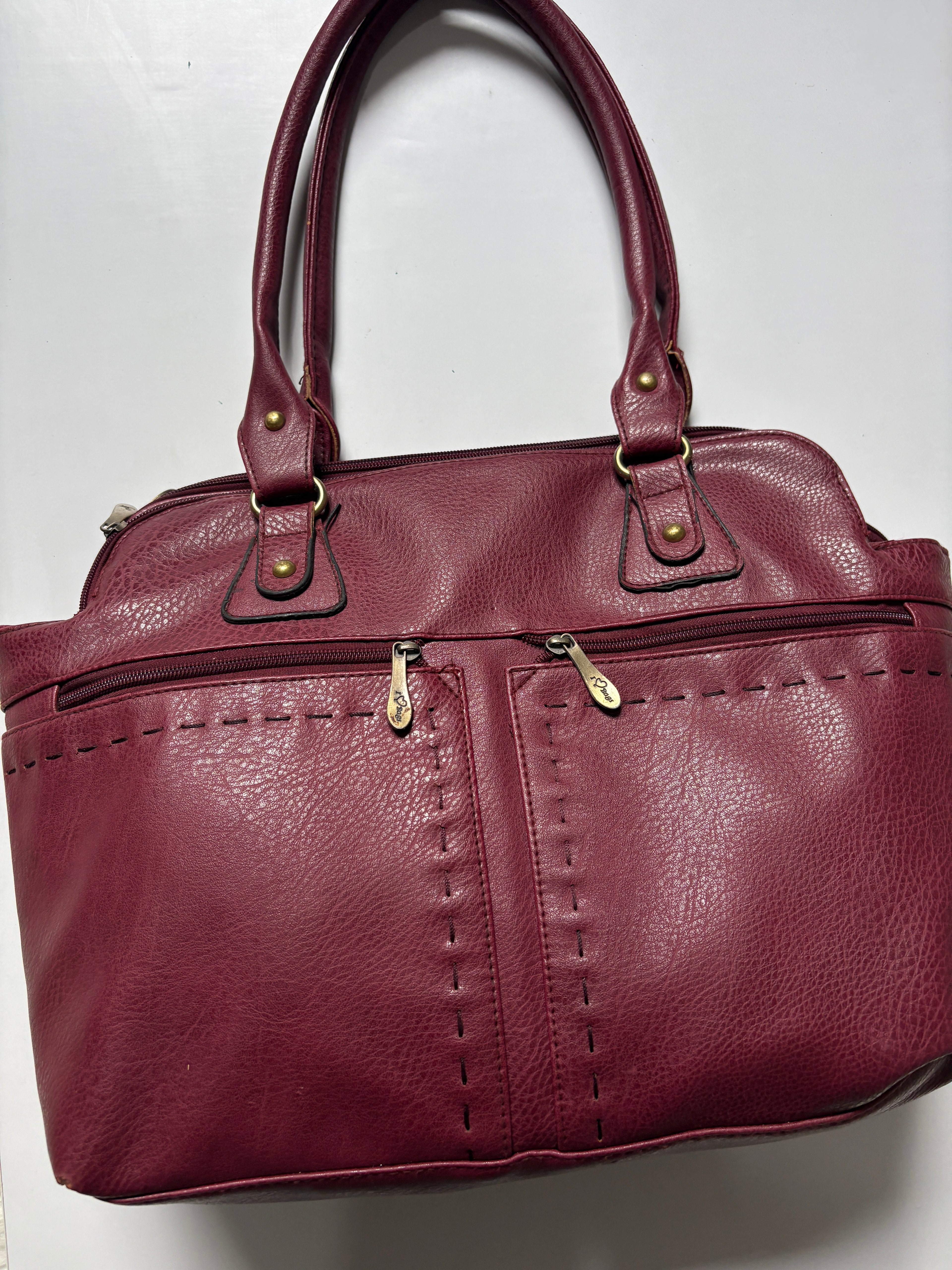 Burgundy multi pocket genuine leather shoulder bag