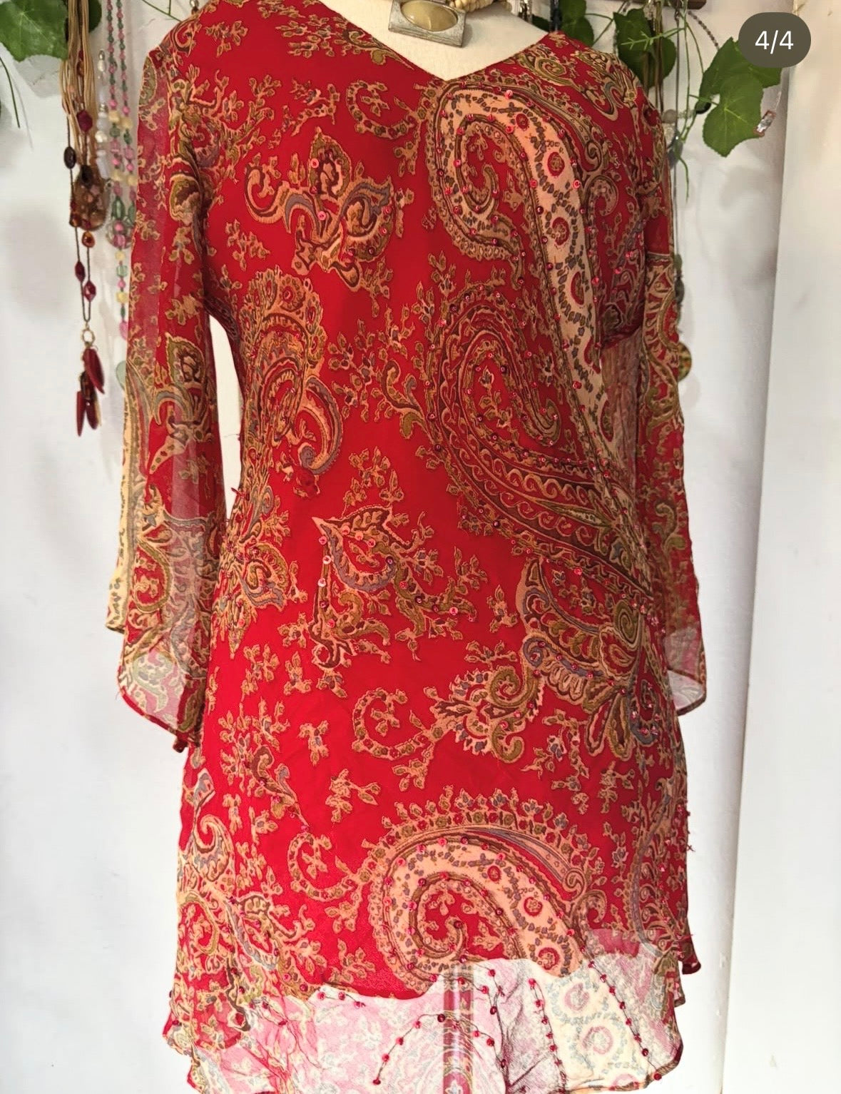 Red bohemian double layered mesh long blouse