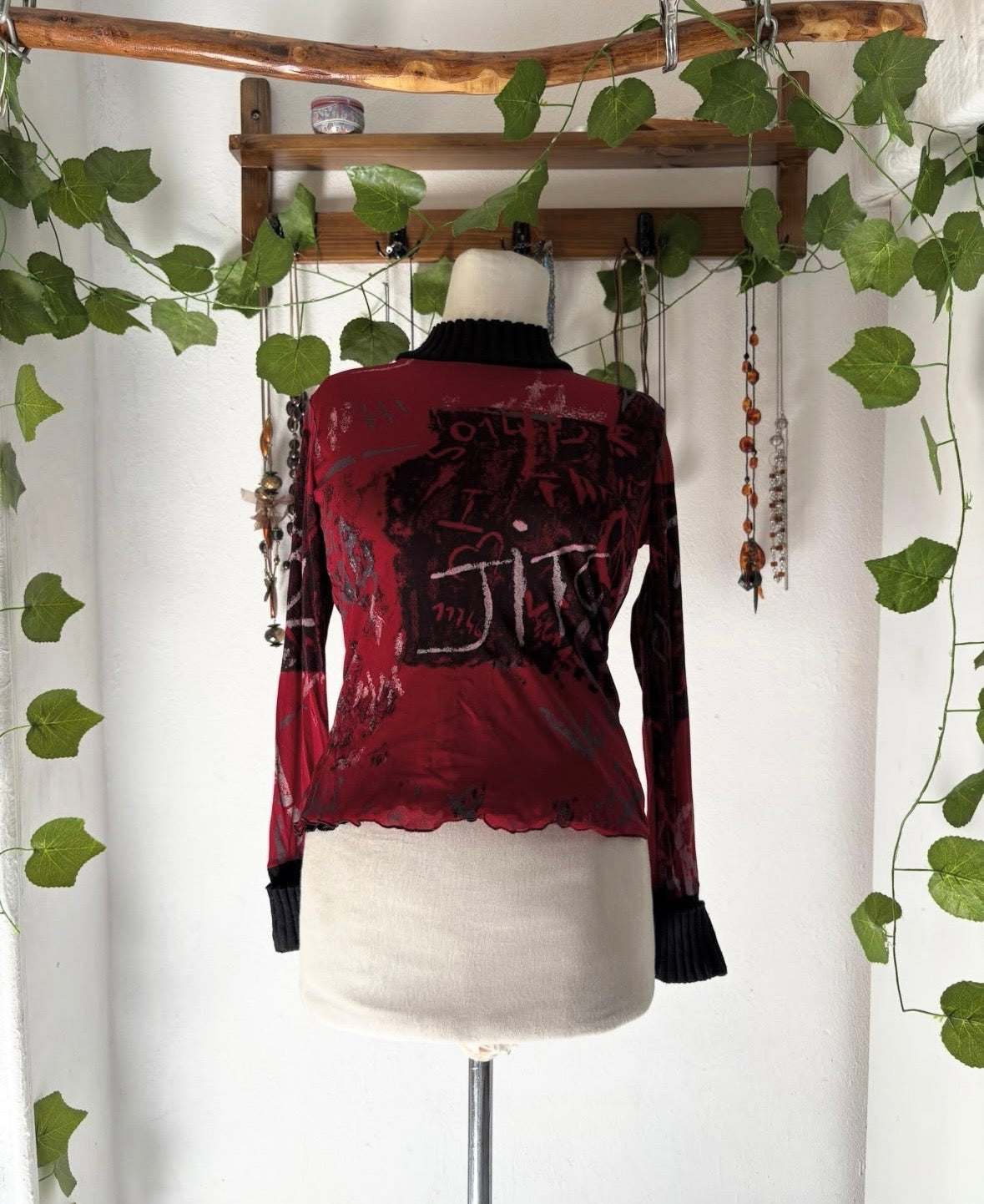 Gothic y2k graphic printed mesh top with corduroy trims