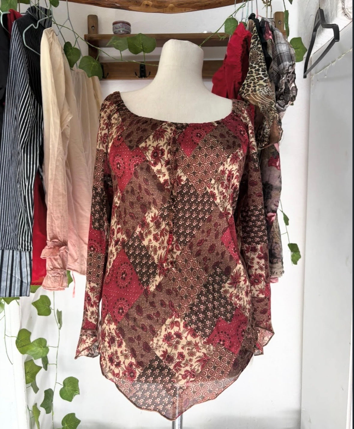 Patch work inspired boho floral blouse