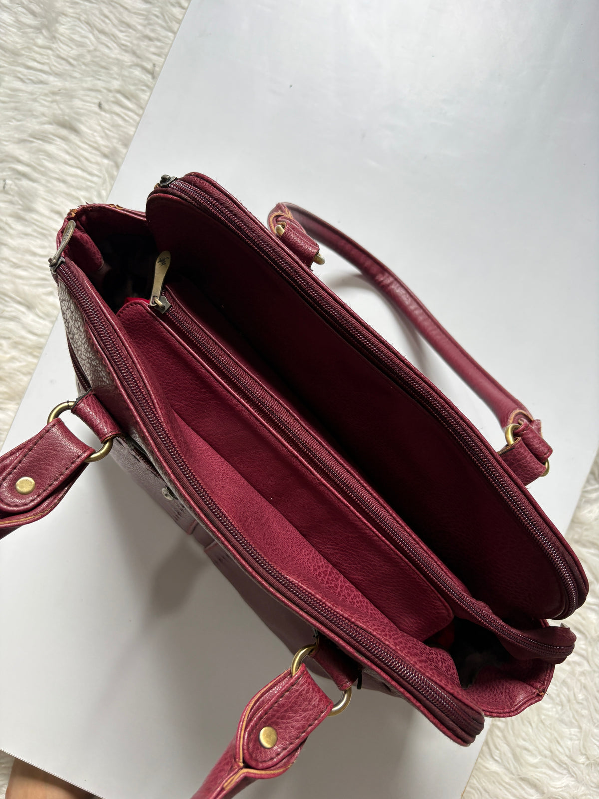Burgundy multi pocket genuine leather shoulder bag