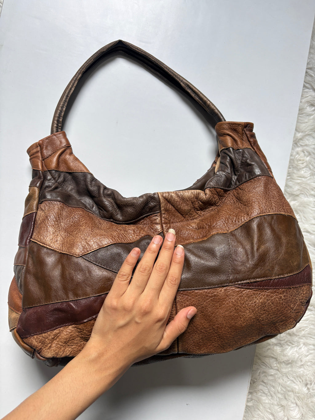 Real leather patchwork brown shoulder bag