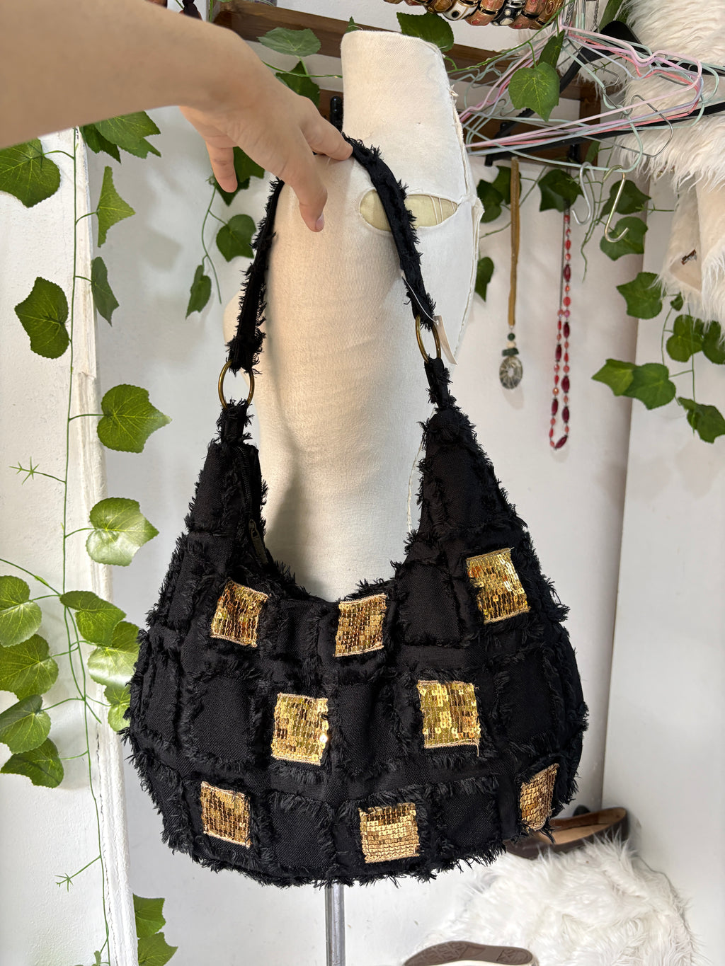 Black boho shoulder bag