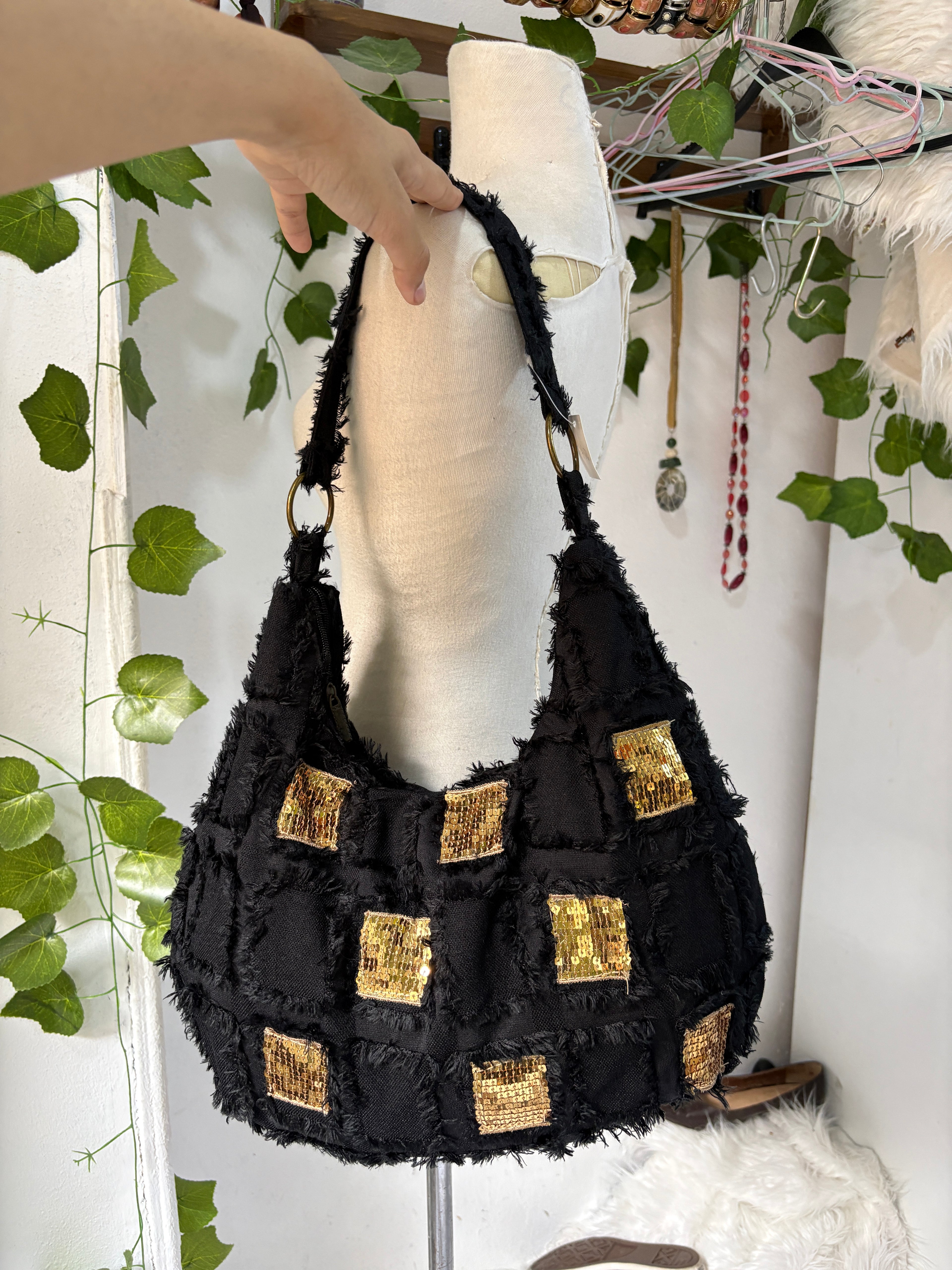 Black boho shoulder bag