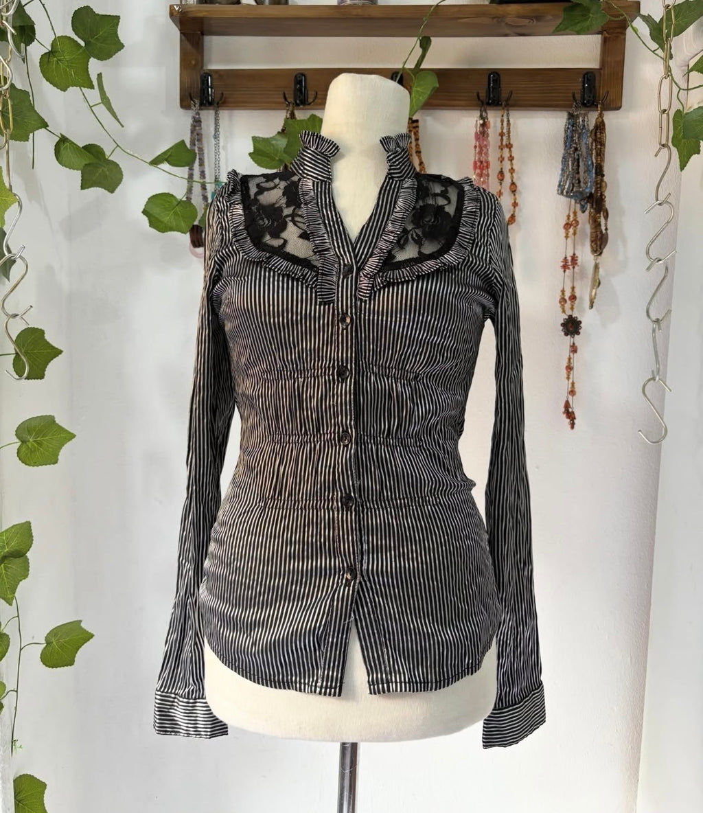 Y2k fitted stripped glittery back laced top