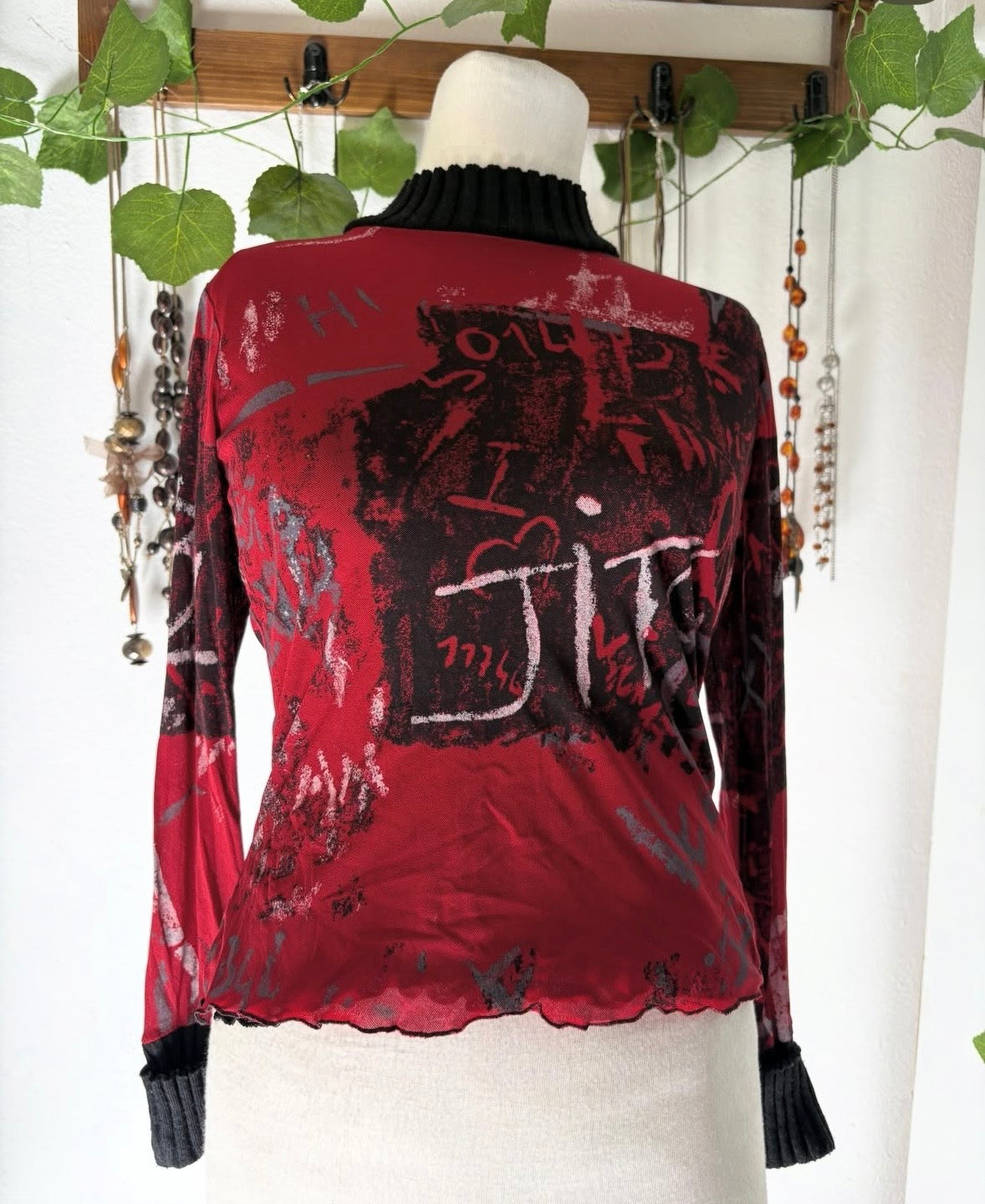 Gothic y2k graphic printed mesh top with corduroy trims