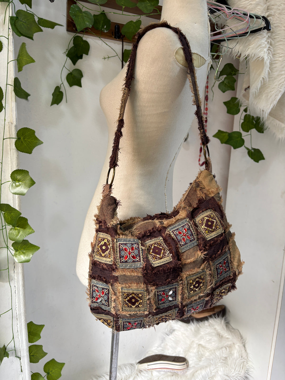 Brown patched Boho shoulder bag