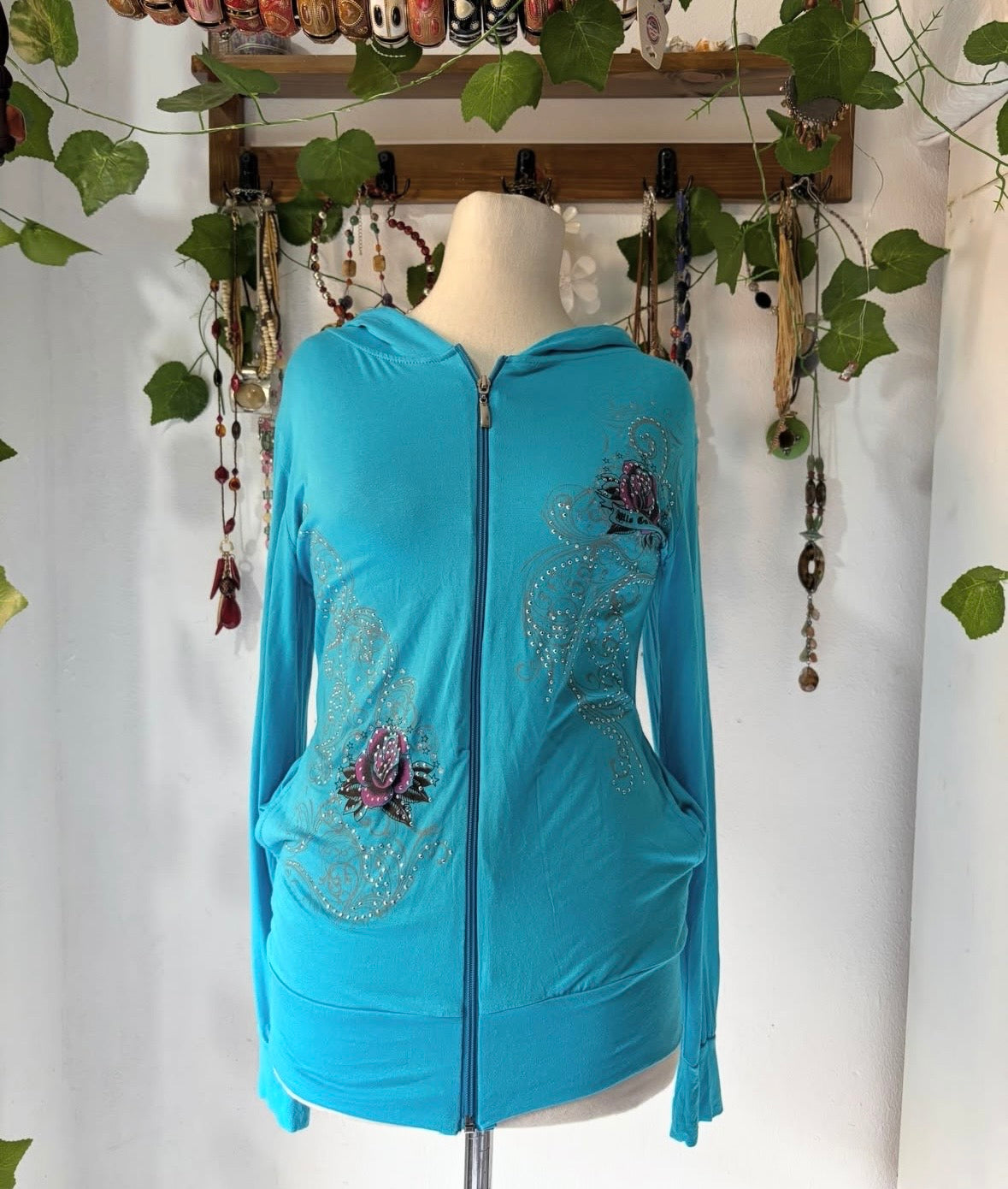 Y2k teal zippered fitted jacket in floral beaded print