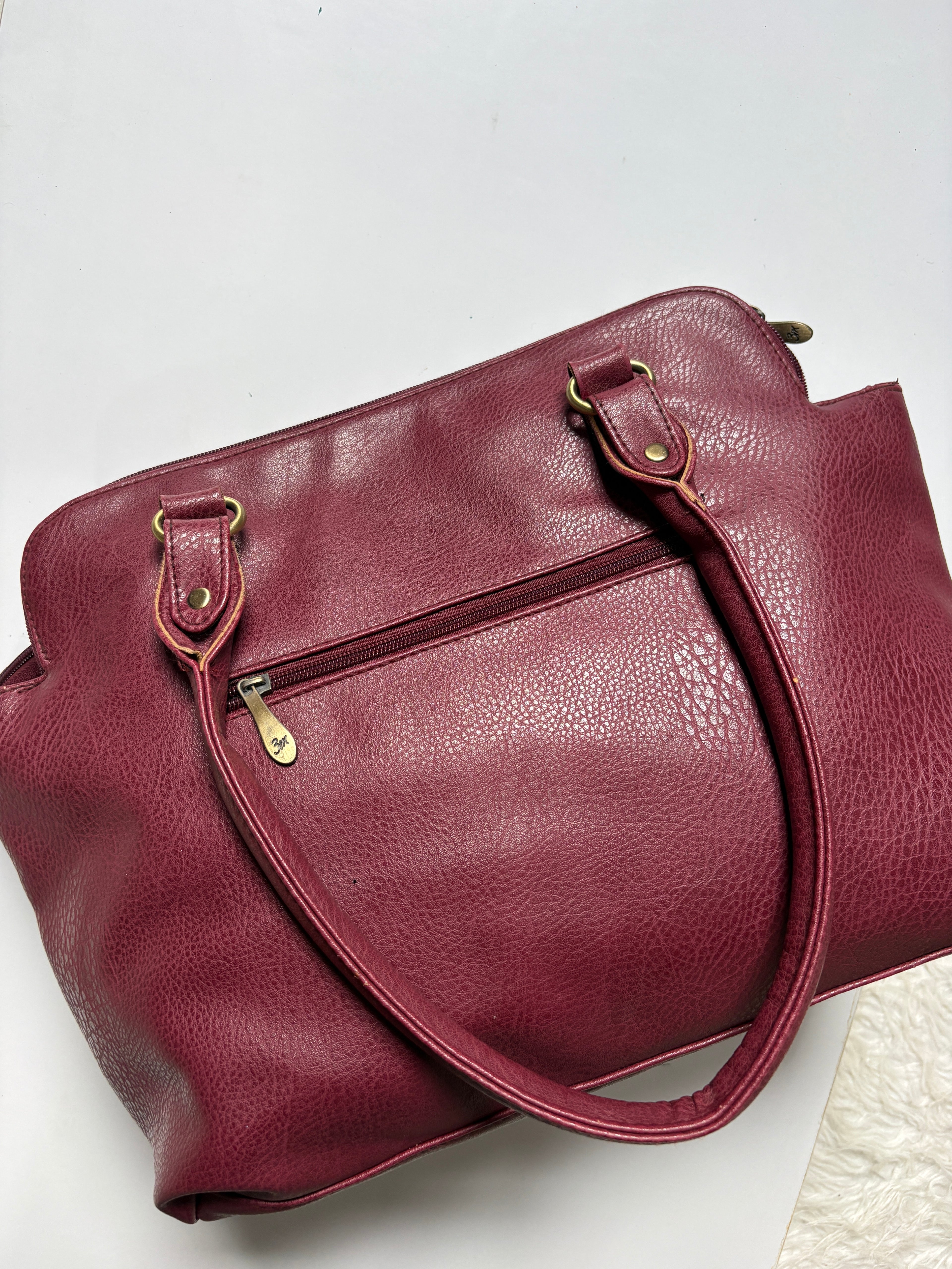 Burgundy multi pocket genuine leather shoulder bag