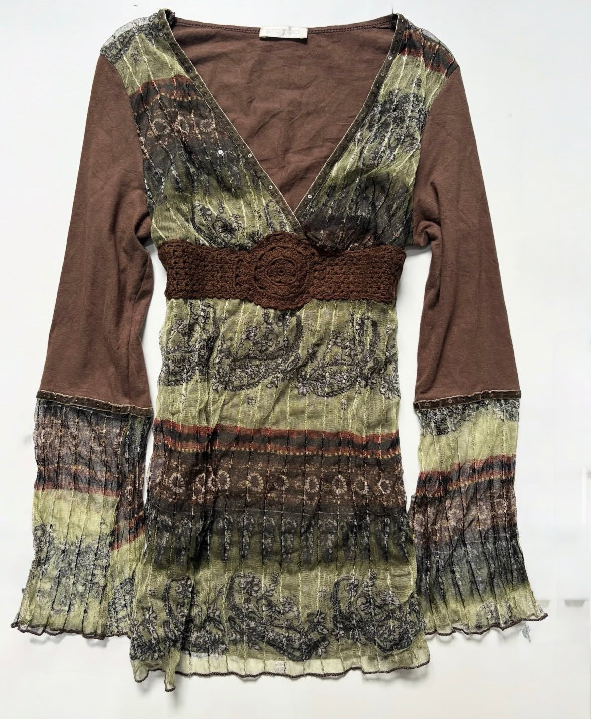 Bohemian brown in green mesh top