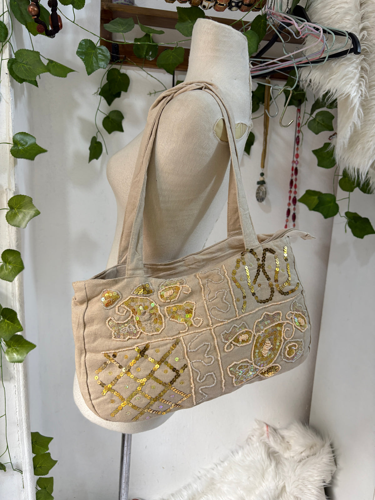 Off white beaded shoulder bag