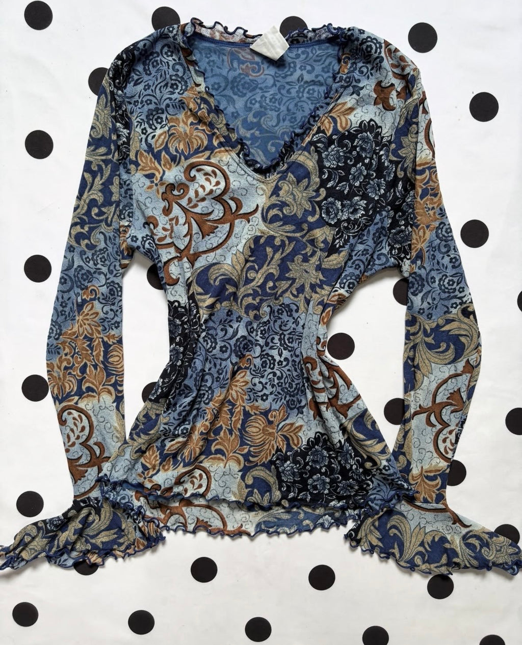 Y2k ruffled blue mesh top in printed leaves