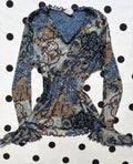 Y2k ruffled blue mesh top in printed leaves