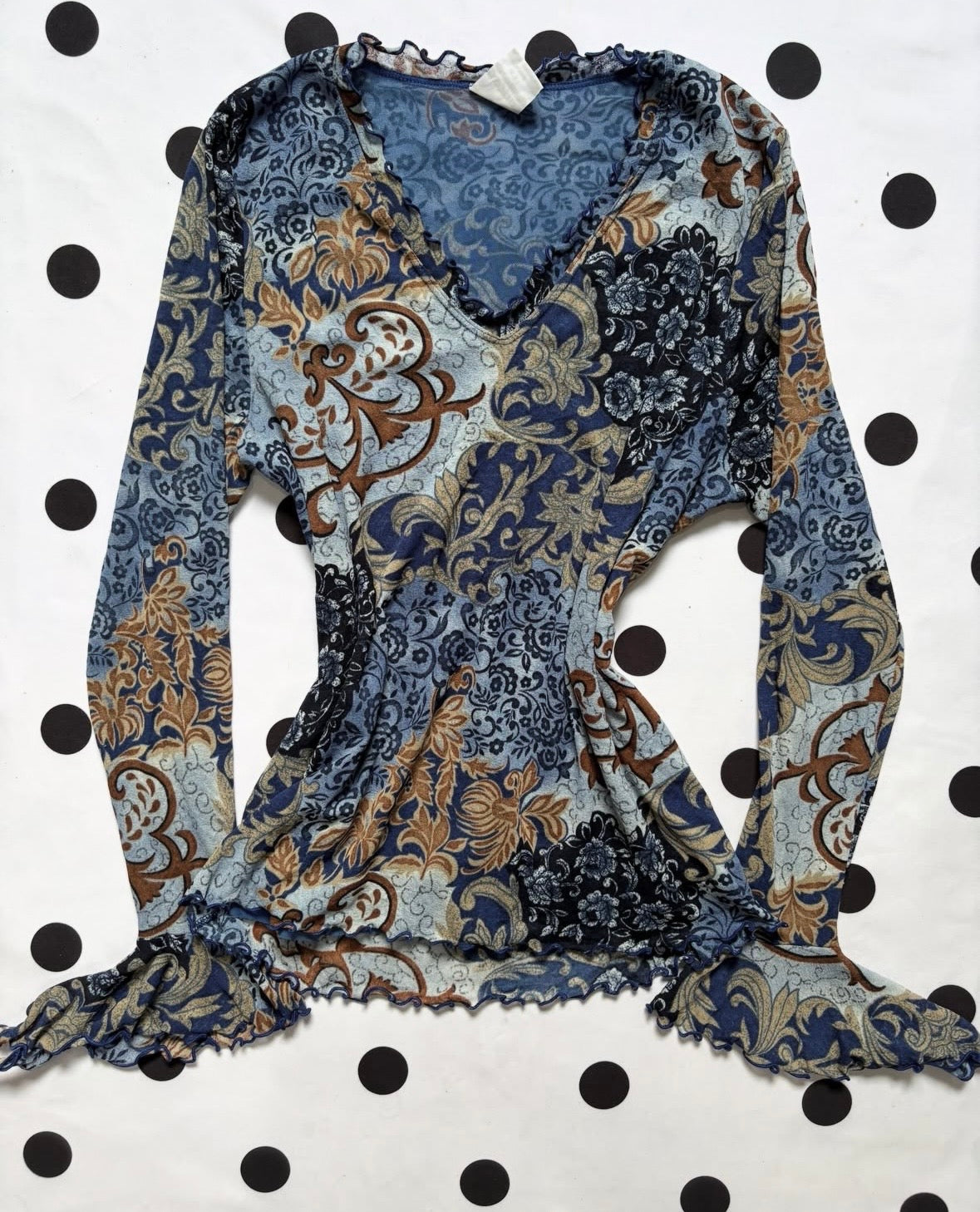 Y2k ruffled blue mesh top in printed leaves