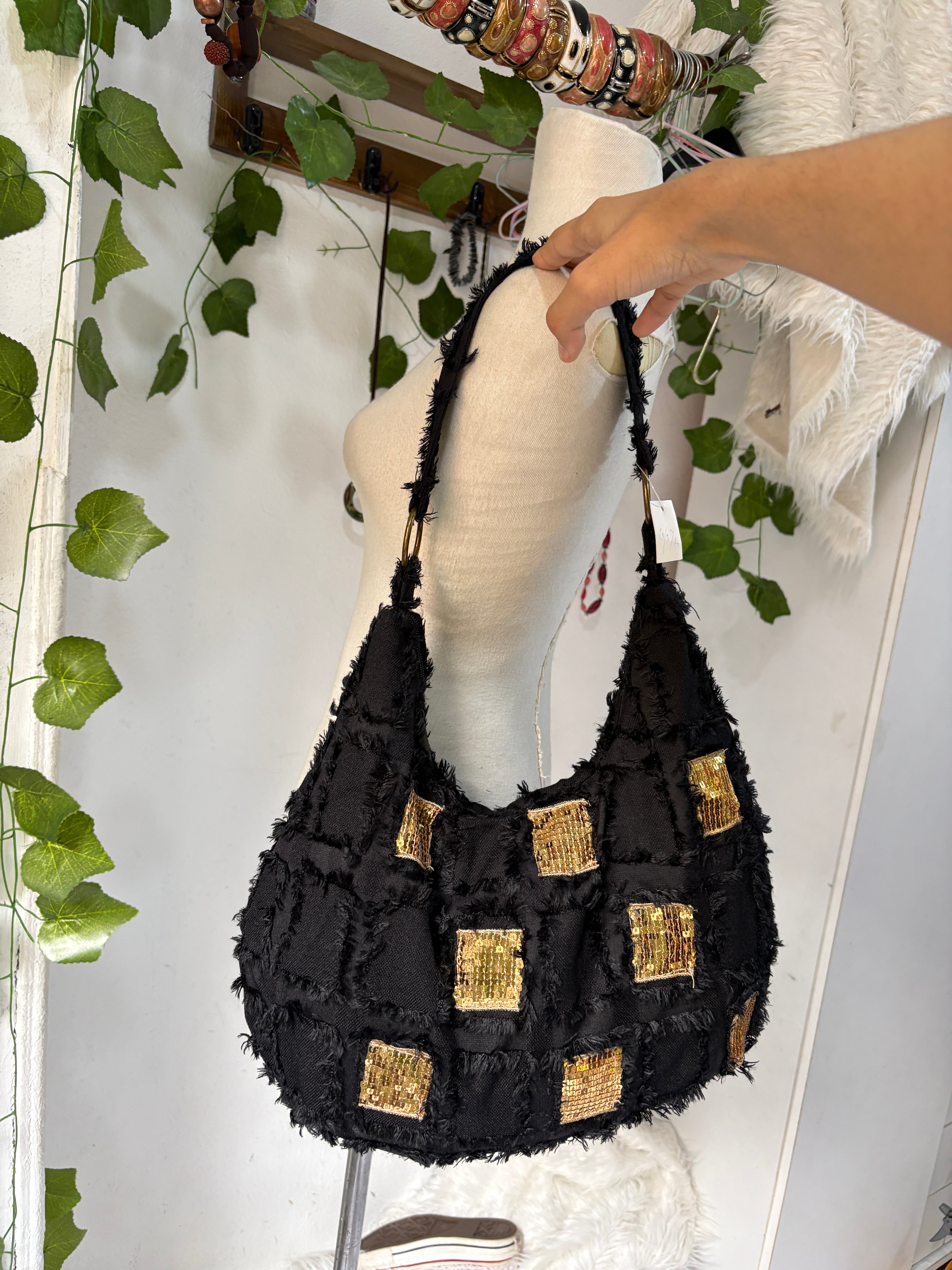 Black boho shoulder bag