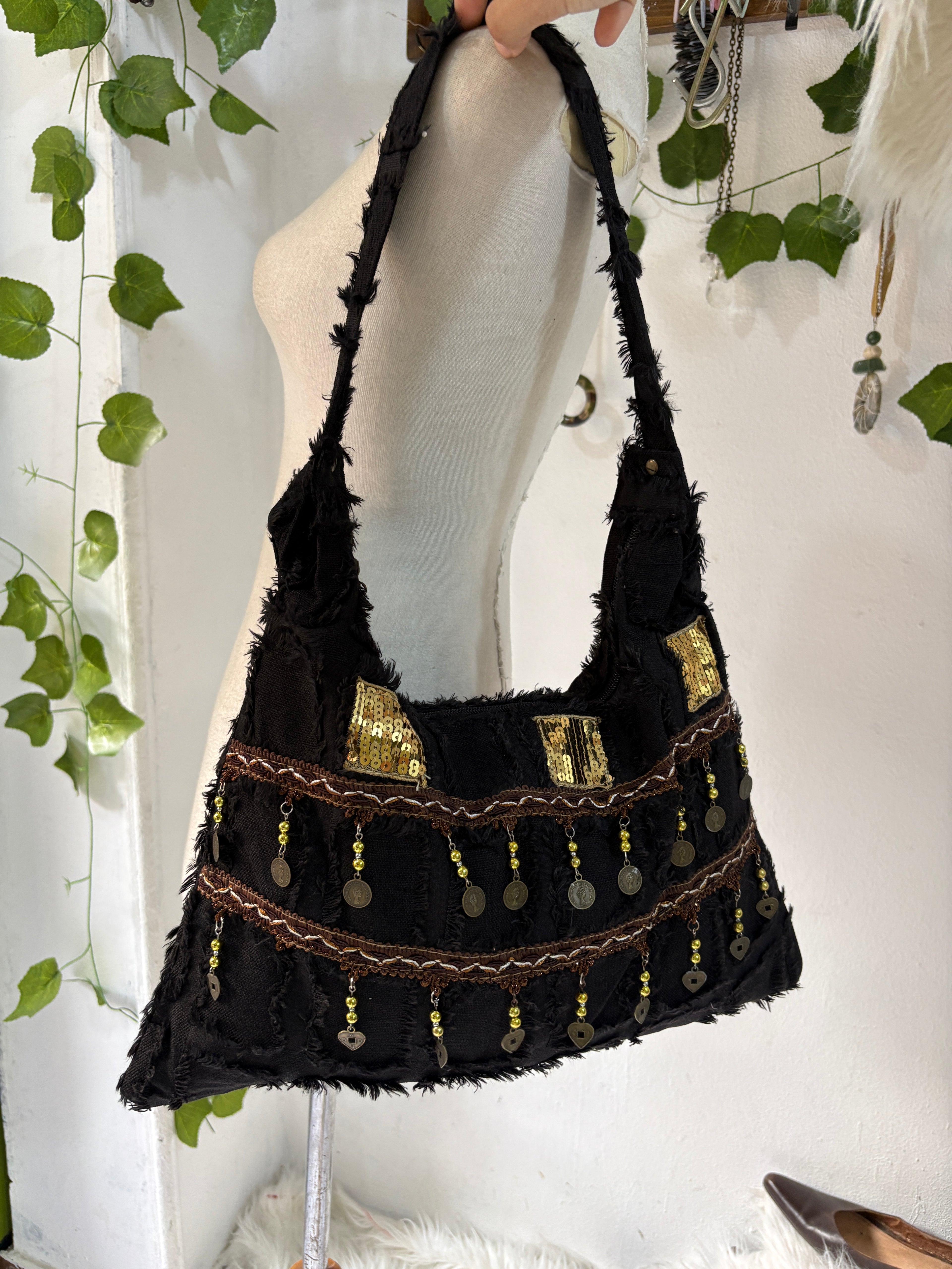 Black boho shoulder bag